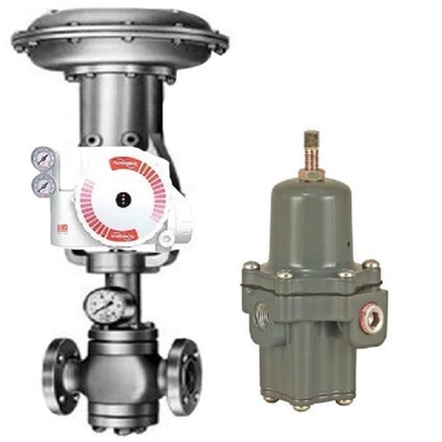 Weißes und rotes pneumatisches Regelventil mit Flowserve-Stellwerk UAS Logix 3200 MD-oner