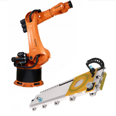 KUKA KR 240 R3330 Palletierungsroboter mit CNGBS Linear Guide Rail als automatische Maschine Nutzlast 240kg Roboterarm