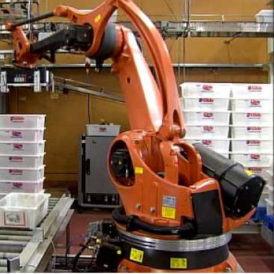 Palletierungsroboterarm 5 Achsen Kuka KR 180 PA mit CNGBS-Roboterleitbahn für den Palletierungsroboter