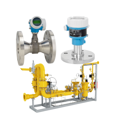 Erdgas-Ventil-Skid ausgestattet mit einem Endress+Hauser Proline Prowirl R 200 Durchflussmesser und einem Deltabar PMC51B Druckmessumformer.