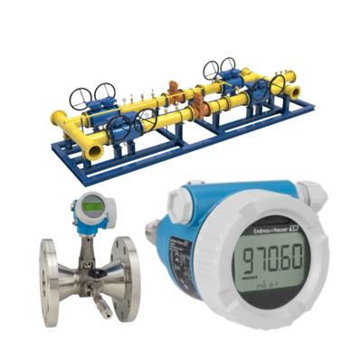 Erdgas-Ventil-Skid ausgestattet mit einem Endress+Hauser Proline Prowirl R 200 Durchflussmesser und einem Deltabar PMC51B Druckmessumformer.