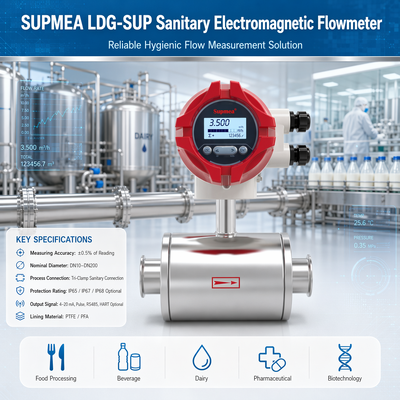 Supmea LDG-SUP LDG-SUP-A100 Hygienic Elektromagnetischer Durchflussmesser Pharmazeutische Prozessleitfähige Flüssigkeitsdurchflussmesser