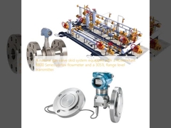 Ein Erdgasventil-Skid-System mit einem Vortex-Durchflussmessgerät der Serie 8800 von Rosemount und einem Flansch-Level-Sender von 3051L.
